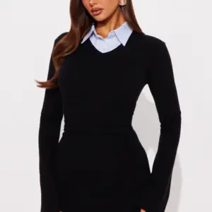 Collared Sweater Mini Dress - Black